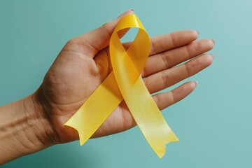 Female hand holding yellow ribbon on color background. Cancer concept