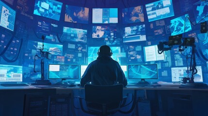 Cybersecurity Expert Monitoring Multiple Screens in High-Tech Control Room
