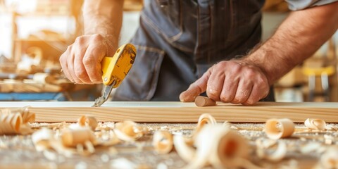 Carpenter using a hand plane to smooth a wooden board, with shavings and natural light, highlighting traditional hand tools
