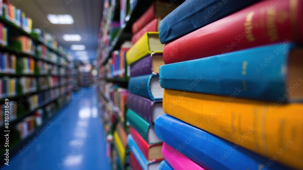Poster a close-up of colorful books stacked on shelves in a library aisle, creating a vibrant and organized