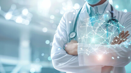 Portrait of a doctor in a white coat with crossed arms and a stethoscope with digital connections on the background. Medical worker in a modern technological laboratory. Medicine concept.