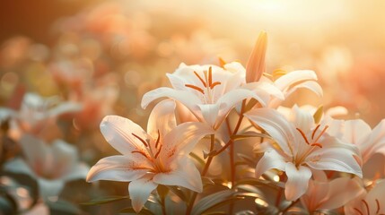Fototapeta premium Beautiful white lilies blooming in a sunlit garden, with soft light creating a warm and serene atmosphere.