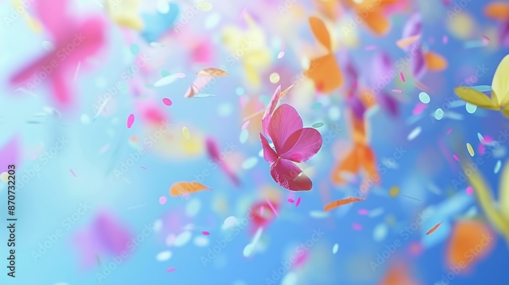 Poster a whimsical scene of colorful butterflies in motion against a vibrant sky, creating a dreamy and pla