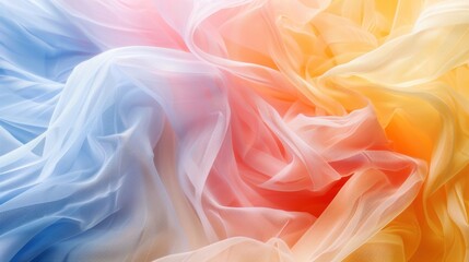 Obraz premium Soft pastel chiffon fabric in shades of pink, blue, and yellow, creating a delicate and airy texture.