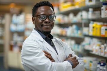 Fototapeta premium Confident black pharmacist in drugstore with health products.