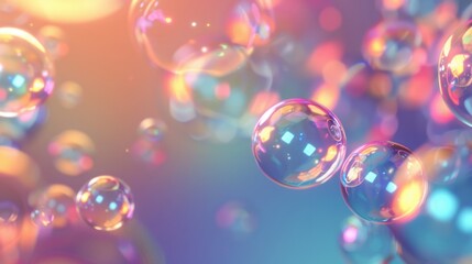 A close-up of colorful soap bubbles with reflections, floating gracefully against a soft, pastel background.