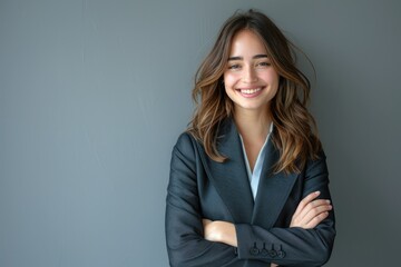 Young professional woman in suit smiling with arms crossed.