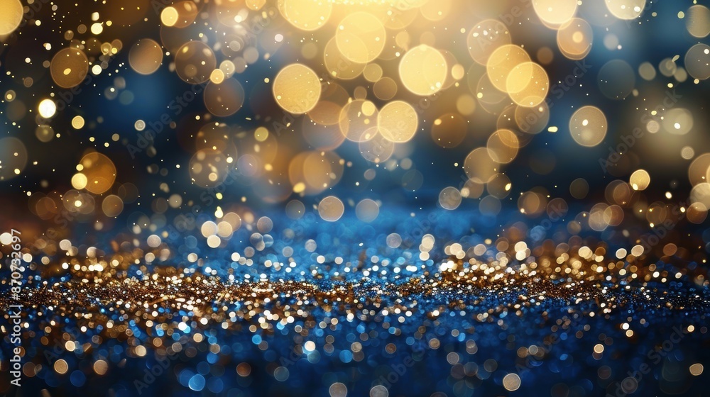 Poster a sparkling display of gold and blue bokeh lights, creating a festive and magical atmosphere perfect