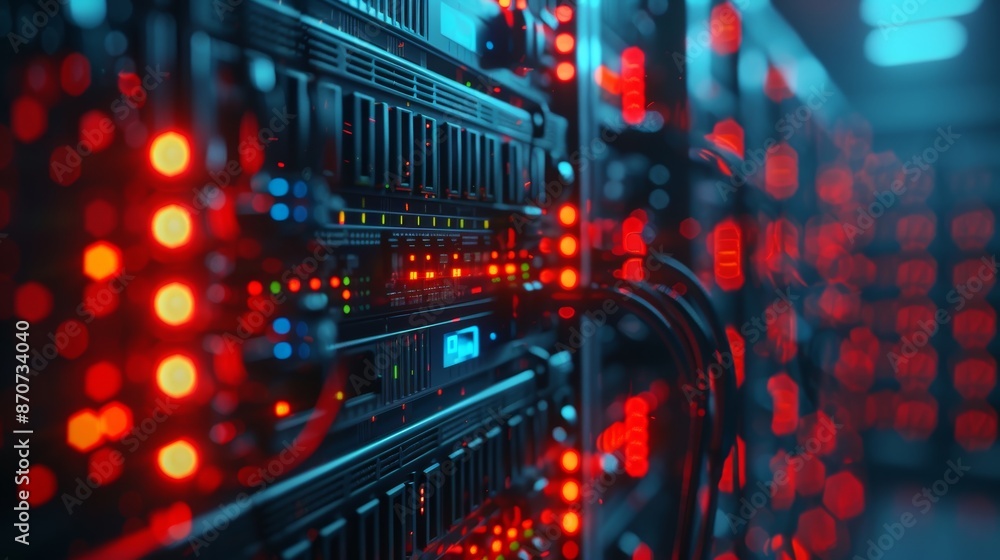 Poster a close-up of a network server room, with rows of blinking lights and cables, showcasing the infrast