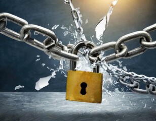 Shattered chain and padlock on dark background. Generated with AI