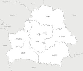 Vector map of Belarus with regions or oblasts and administrative divisions, and neighbouring countries. Editable and clearly labeled layers.