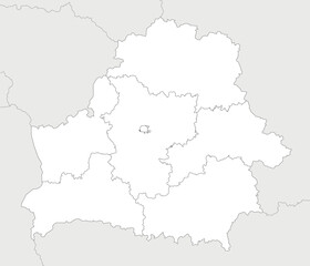 Vector blank map of Belarus with regions or oblasts and administrative divisions, and neighbouring countries. Editable and clearly labeled layers.