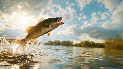 Fototapeta premium an adventurous bass fish jumping out of the water on a sunny day