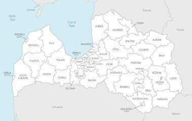 Vector regional map of Latvia with state cities and municipalities and administrative divisions, and neighbouring countries and territories. Editable and clearly labeled layers.
