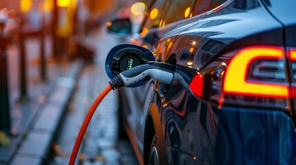 A close-up of an electric car being charged at a charging station, with the connector plugged into the vehicle and the display showing the charging progress, representing the shift
