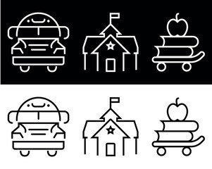 Education and Transportation Icons. Black and white editable strock vector illustration.