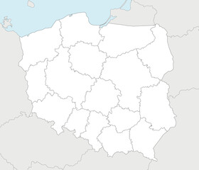 Vector blank map of Poland with provinces and administrative divisions, and neighbouring countries and territories. Editable and clearly labeled layers.
