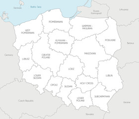 Vector map of Poland with provinces and administrative divisions, and neighbouring countries and territories. Editable and clearly labeled layers.