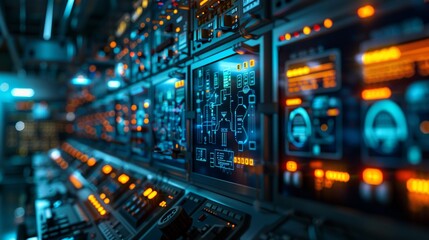 A close-up photograph of an industrial control room, filled with screens and panels displaying data on energy generation and distribution, showcasing the technology and precision i