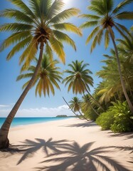 Obraz premium Beneath the palm trees sway gently in the warm breeze, their fronds casting dappled shadows on the golden sands of the beach