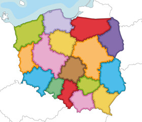 Vector illustrated blank map of Poland with provinces and administrative divisions, and neighbouring countries and territories. Editable and clearly labeled layers.
