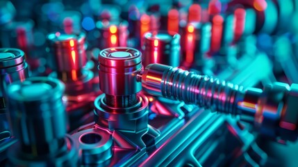 Close-up of futuristic mechanical components with colorful lighting, highlighting advanced technology and engineering.