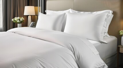 A spring bad and white pillows in the bedroom with light from outside the window