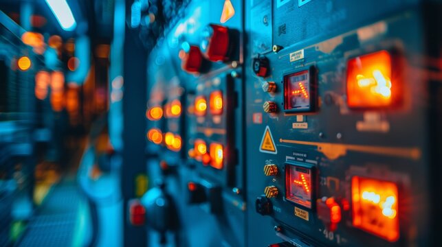 A detailed image of a high-voltage electrical switchgear panel, with illuminated indicators and warning signs, emphasizing the importance of safety in handling high-voltage equipme