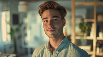 Obraz premium A young man in casual clothes works in a bright office. Handsome office employee looking at camera. Work concept.
