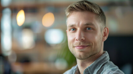 Fototapeta premium A young man in casual clothes works in a bright office. Handsome office employee looking at camera. Work concept.
