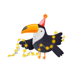 Watercolor toucan paradise bird with festive hat and  light garland. Happy Birthday isolated hand drawn illustration