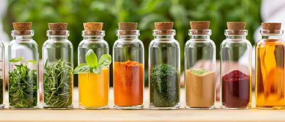 Chef experimenting with spices and herbs in a modern kitchen lab, representing culinary innovation and flavor development