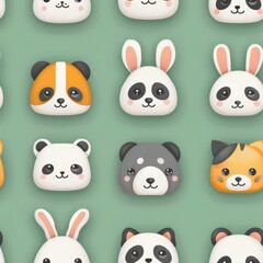 Obraz premium Seamless Pattern of Cute Animal Faces. Rabbits, Pandas, Bears, and Cats