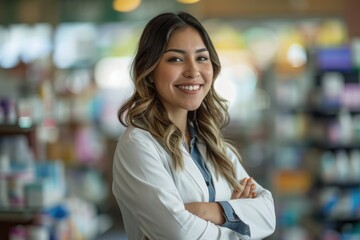 Confident Hispanic woman pharmacist smiling in pharmacy.