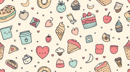Cute Hand-Drawn Food Pattern with Sweet Desserts, Coffee, and Hearts