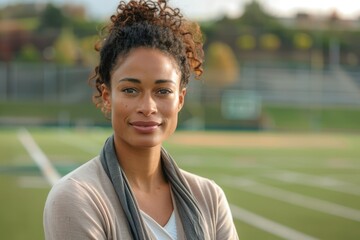 Confident biracial teacher on high school sports field.