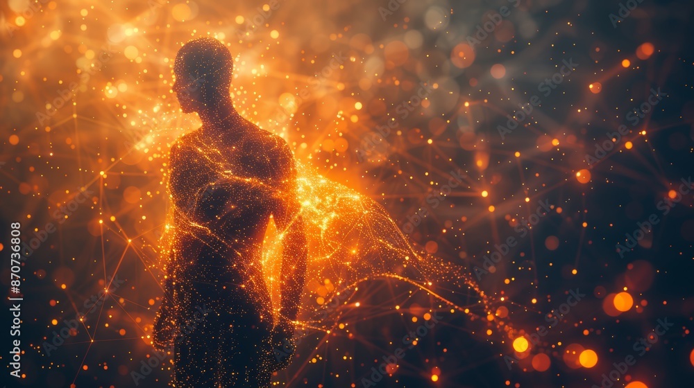 Poster a visual metaphor of a person's silhouette with glowing lines representing energy flowing into and o