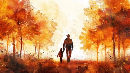 Fototapeta premium A father and child walk hand-in-hand through a vibrant autumn forest, bathed in warm sunlight.