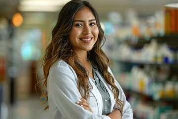 Obraz premium Young hispanic woman pharmacist smiling confident standing at pharmacy
