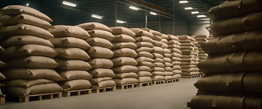 Stacks of sacks in a large, neatly arranged warehouse