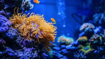 Vibrant Underwater Scene with Colorful Corals and Tropical Fish in a Deep Blue Aquarium