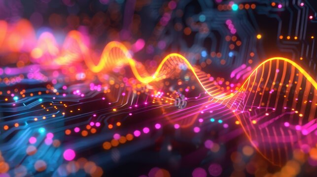 An artistic representation of a sine wave graph superimposed over an electronic circuit, symbolizing the concepts of impedance and reactance in alternating current circuits, with v