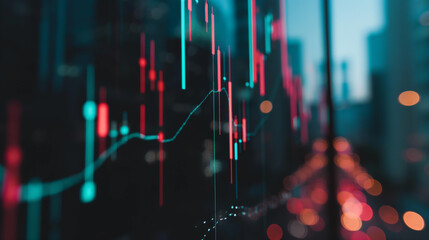 Close-up stock chart, city background