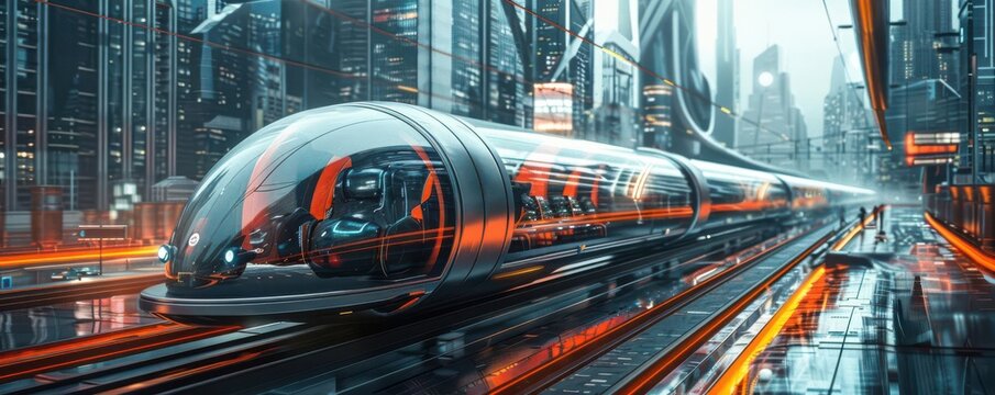 Futuristic hyperloop system, advanced technology, sleek design, highspeed travel, cityscape background
