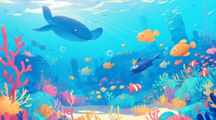 Obraz premium Vibrant Underwater Scene with Colorful Fish and Coral Reef in Clear Blue Ocean