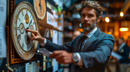 An experienced man in a business suit sells or buys a rare watch in a store. The man points his finger at the watch dial. Buying and selling concept, rarity.