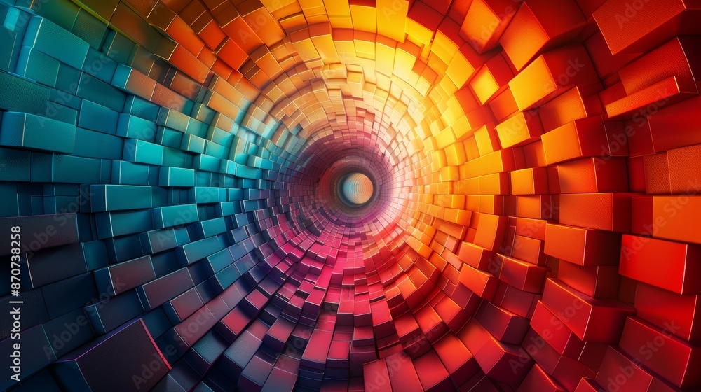 Poster abstract colorful tunnel made of cubes, creating an illusion of depth and movement.
