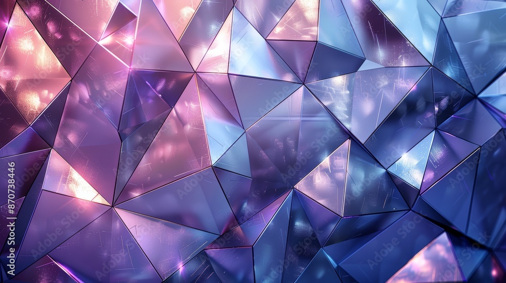 Poster abstract geometric background with glowing triangles and iridescent colors.