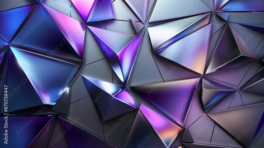 Poster abstract geometric background with iridescent purple and blue triangular shapes.