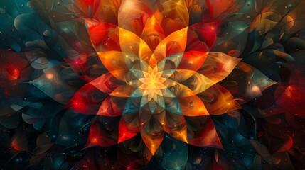 Abstract flower with vibrant colors and intricate details.  Digital art.  Nature inspired.  Fractal design.